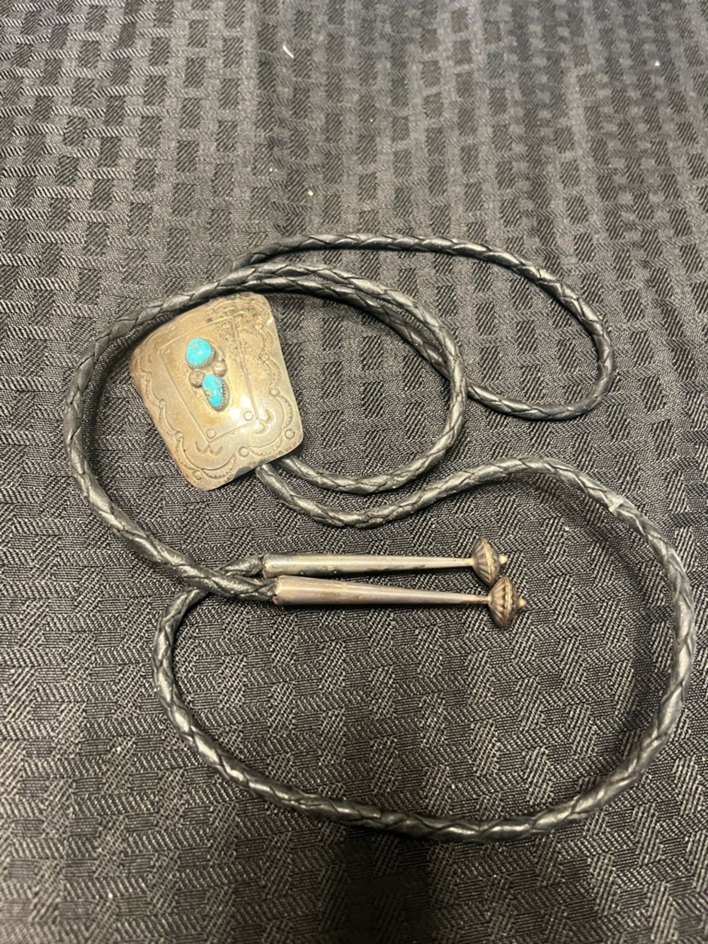 Silver-Tone Bolo Tie with Turquoise Accents on Black Braided Cord